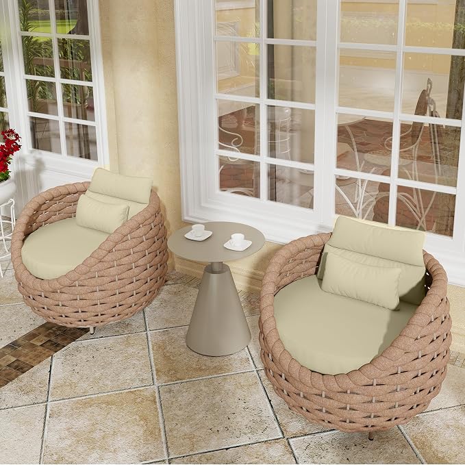 TWT 3 Pieces Aluminum Patio Furniture Set, Hand Woven Textilene Rope Outdoor Sofa Set w/Washable Cushion and Rock Slab Tabletop, Conversation Furniture for Livingroom Poolside Balcony (Light Brown)