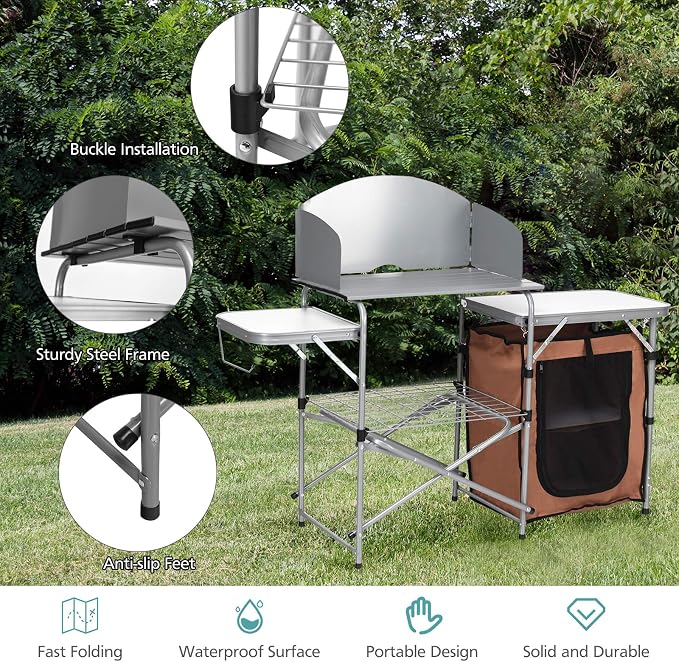 Goplus Camping Kitchen Table, Portable Outdoor Cooking Table with Storage, 26'' Tabletop, Detachable Windscreen, Camp Cook Station, Folding Grill Table for Tailgating BBQ Picnic Backyard Beach RV