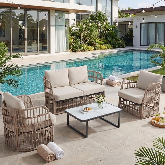 Patio Wicker Furniture Set, Outdoor Sectional Furniture Set, 4 Piece Rattan Patio Conversation Sets, Balcony Loveseat, Outdoor Sofa for Backyard, Garden, Outside, Lawn, Poolside, Beige