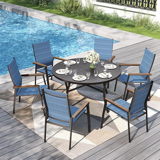 PHI VILLA Round Outdoor Dining Set for 6 with Aluminum Chairs, Blue | Stackbale chairs, Breathable & quick-drying sling, Light-weight & space-saving, Metal Table, Umbrella Hole, Patio deck