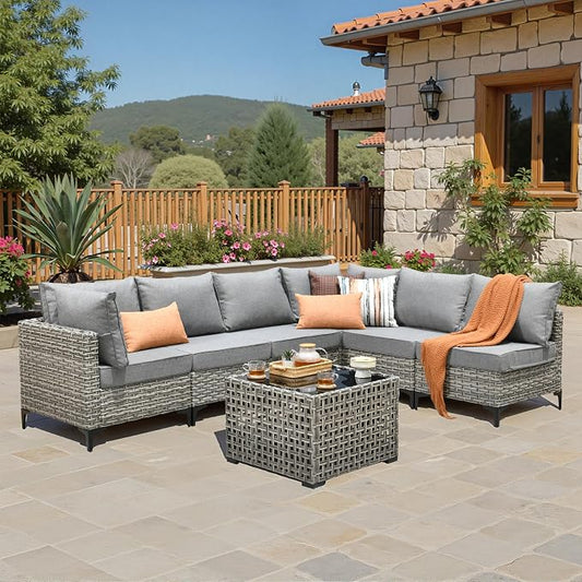 7 Pieces Wicker Patio Furniture Set,Outdoor Sectional Sofa with Coffee Table Comfy Cushions,Modern Modular Deep Seat Rattan Couch Conversation Set,Dark Grey