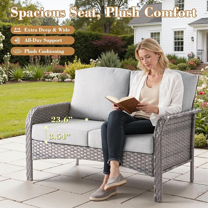 4 Pieces Patio Furniture Set, Small Outdoor Patio Set with Coffee Table, All-Weather Rattan Wicker High Back Conversation Set Loveseat with Chairs for Porch, Backyard, Balcony, Grey