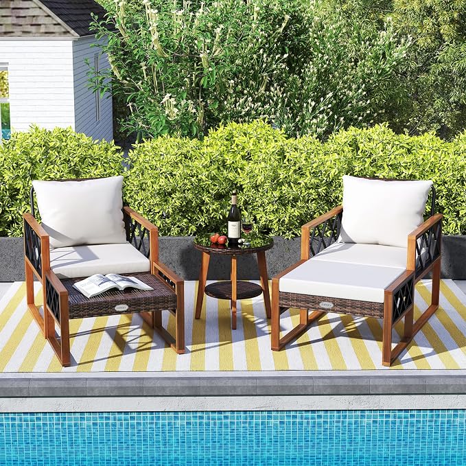 Tangkula 5 Pieces Patio Furniture Conversation Set, Outdoor Rattan Acacia Wood Cushioned Chairs with Ottomans, 2-Tier Side Table, for Porch, Balcony and Garden