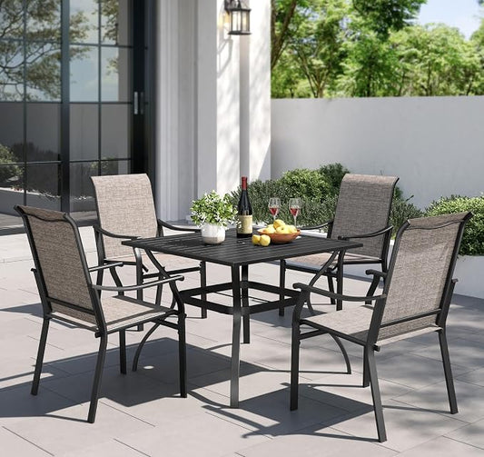 PHI VILLA 5 pcs Patio Dining Table and Chairs, 4 Outdoor Dining Chairs and Metal Square Table,with Sling Fabric and Sturdy Frame,Black Frame with E-Coating,Sling Outdoor Furniture