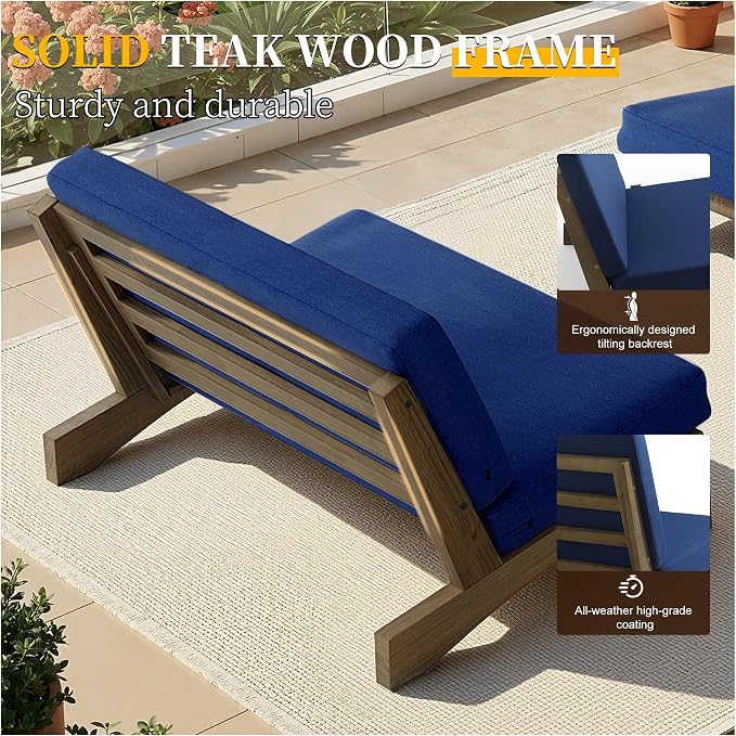 4 Piece Wood Outdoor Patio Frutnire Set, 4 Seater Patio Conversation Sets with Thick Cushions, Outdoor Sectional Furniture with Coffee Table - Navy Blue
