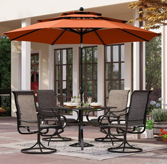 PHI VILLA Patio Furniture Set with Umbrella for 4,Swivel Mesh Dining Chairs | Includes 1 square metal table, 4 breathable textilene chairs and 10ft orange red umbrella, for deck, backyard, garden