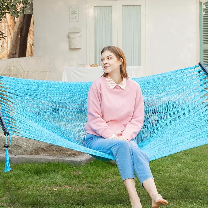 PNAEUT Double Rope Hammocks for Outside, Handwoven Double Caribbean Hammock with Spreader Bar for Outdoor Indoor, Max 600 lbs Capacity (Sky)