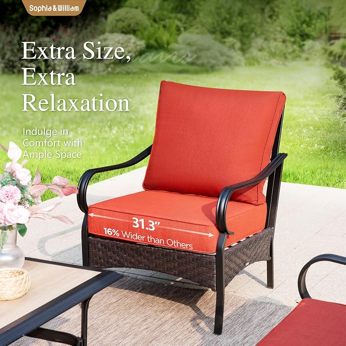 Sophia & William Patio Furniture Set with 56" Fire Pit Table, Metal Outdoor Conversation Set Patio Sectional with 3-Seater Sofas, 2 Fixed Chairs, 2 Ottomans, 1 Firepit Table for Porch Deck, Red
