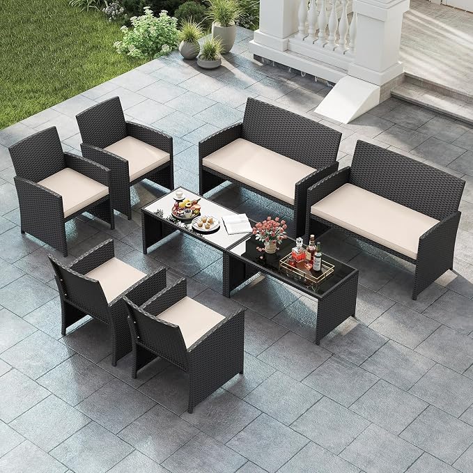 Tangkula 8 Pieces Patio Wicker Furniture Set, Outdoor Heavy Duty Rattan Cushioned Chairs, Loveseat and Tempered Glass Coffee Table, for Backyard, Balcony, Poolside (2, Off White)