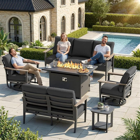 Aluminum Outdoor Patio Furniture Set, 6-Piece Sectional Sofa with 5.1" Thick Cushions, Swivel Rocking Chairs, 55,000 BTU Propane Fire Pit Table, Outdoor Couch for Backyard, Deck, Black