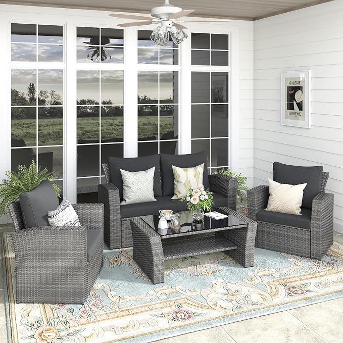 FansaFurn 4-Piece Outdoor Patio Furniture Set, All Weather Wicker Rattan Sectional Sofa Conversation Seating Set with Cushions & Large Glass Coffee Table, Ideal for Garden Backyard Porch, Dark Grey
