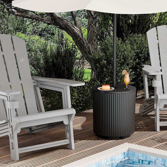 Outdoor Umbrella Stand, Free-Standing Umbrella Side Tables, Patio Umbrella Water Fill Base, Fluted Outdoor Side Table Umbrella Stand, Black
