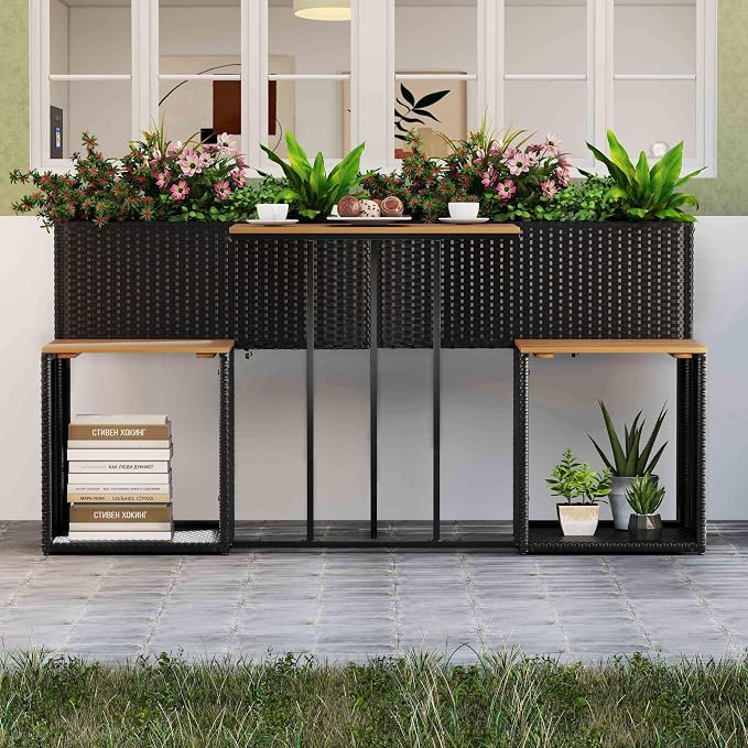 Tangkula Patio Furniture Set with Raised Garden Bed, PE Rattan Garden Planter Table with Built-in Chairs and Storage Space, Acacia Wood Outdoor Conversation Set with Sturdy Metal Frame