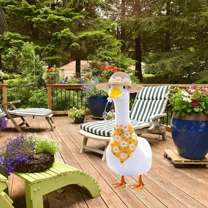 Daisy Flower Outfit for Porch Goose - 2Pcs Summer Goose Clothes with Yellow Floral Hat & Bib Accessories for 23” Cement or Plastic Gooses Statue, Garden Lawn Porch Decoration