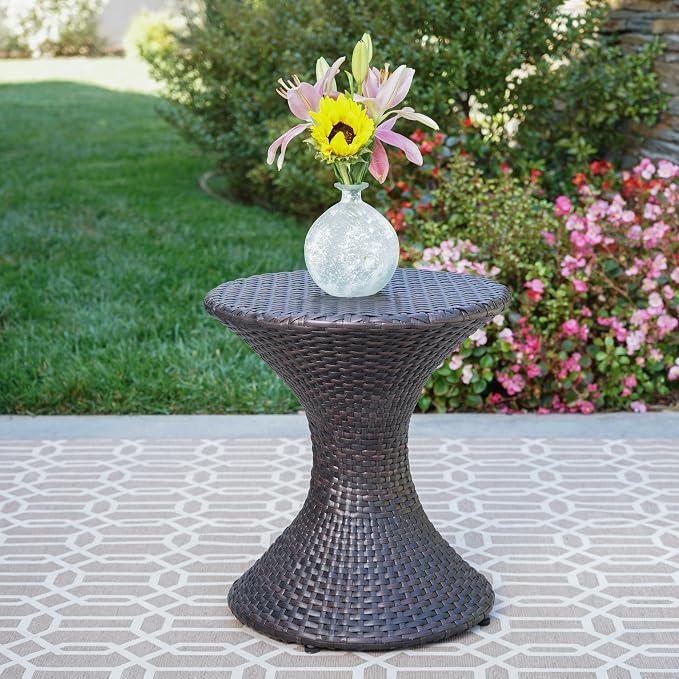 Wicker Rattan Side Table, 16 inch Outdoor Hourglass Patio End Table Rattan Coffee Table Wicker Accent Tables for Patio Porch Lawn