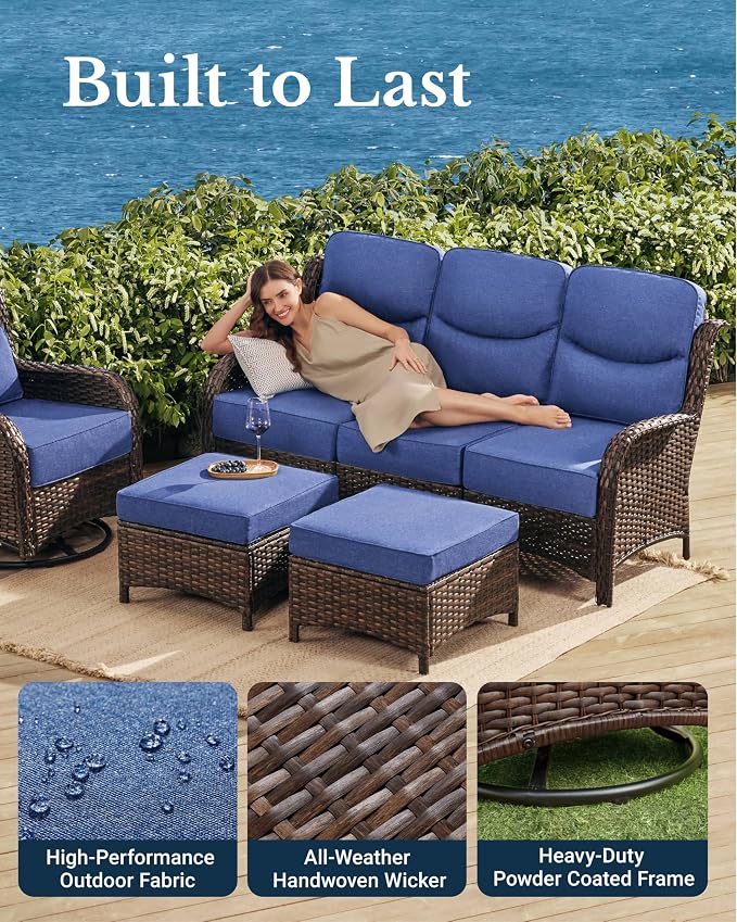 HILLGA Luxury High Back Patio Furniture Set with 6-Inch Thick Cushion, 5-Piece Outdoor Conversation Set with Sofa, Swivel Rocker Chairs & Ottomans, Ideal for Porch Pool Deck Yard (Blue)