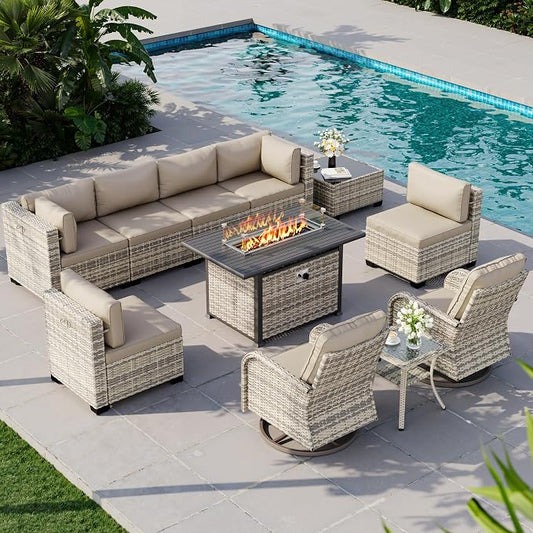11-Piece Outdoor Patio Furniture Set with Rocking Swivel Chair, Wicker Rattan Sectional Sofa Conversation Set with 55,000 BTU Fire Pit Table, Backyard Furniture, Beige