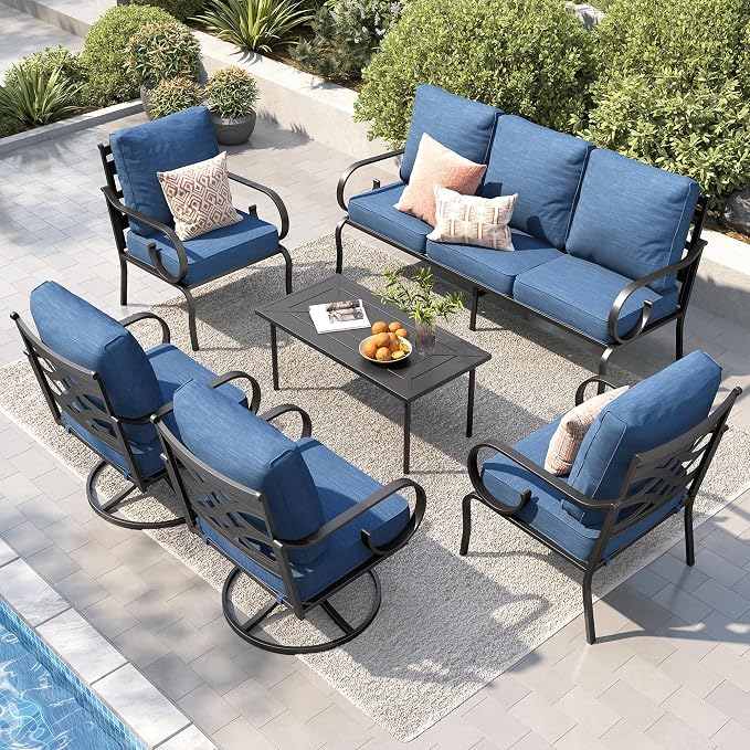 PHI VILLA Patio Furniture Set, 3-Seater Sofa, 2 Fixed Chairs, 2 Swivel Chairs and a Coffee Table, Outdoor Metal Conversation Set with 5.75" Extra Thick Cushion for Garden Backyard Deck, Navy