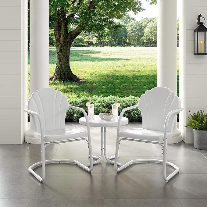 Crosley Furniture Tulip 3-Piece Outdoor Chair and Side Table Set, Retro Metal Patio Conversation Sets, White