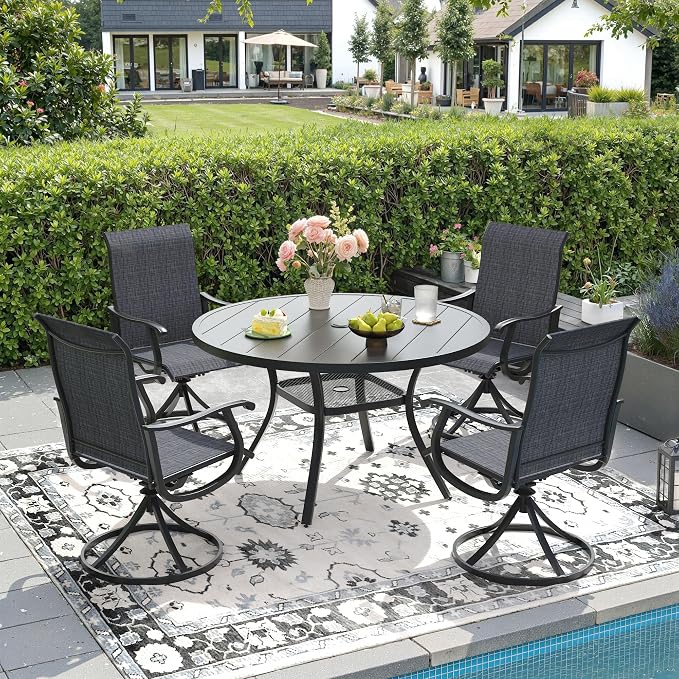 DIFY Outdoor Dining Set for 4, 5 Piece Patio Table and Chairs Set, Swivel Patio Dining Chairs with Dark Grey Textilene & 40.6" Black Round Metal Dining Table with Umbrella Hole, for Garden Backyard