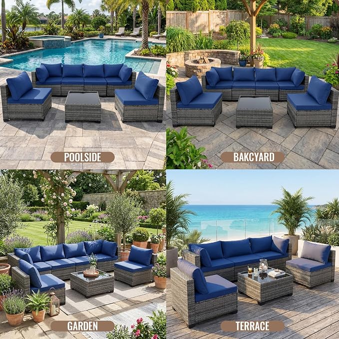 7 Pieces Outdoor Wicker Patio Furniture Set, Patio Conversation Sectional Set with Cushions & Coffee Table, All Weather PE Rattan Patio Sofa with Tea Table for Backyard Porch Garden (Navy-blue)