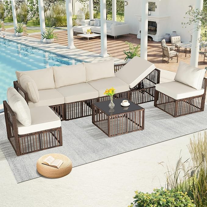 FHFO 7 Piece Outdoor Wicker Patio Furniture Set, Brown/Beige | Sectional Sofa | All-Weather Hand-Woven Rattan | Tempered Glass Coffee Table | Adjustable Backrest | Indoor & Outdoor Use
