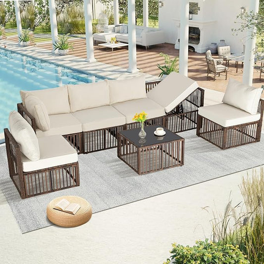 FHFO 7 Piece Outdoor Wicker Patio Furniture Set, Brown/Beige | Sectional Sofa | All-Weather Hand-Woven Rattan | Tempered Glass Coffee Table | Adjustable Backrest | Indoor & Outdoor Use