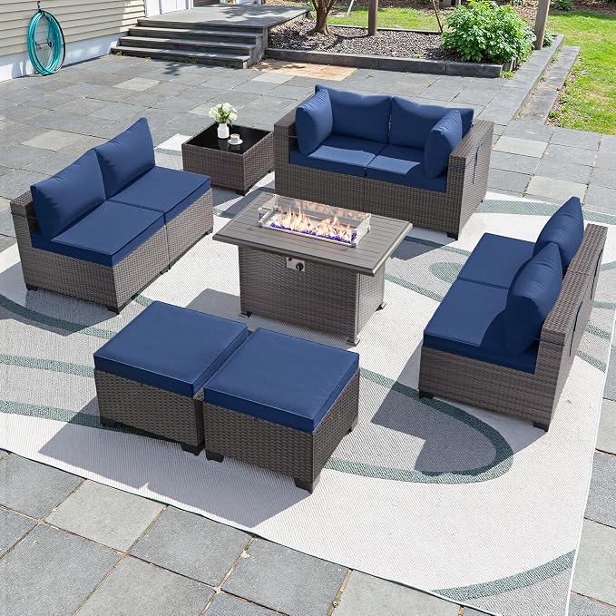 10 Pieces Outdoor Patio Furniture Set,Outdoor Sectional Furniture with 43" 55000 BTU Gas Propane Fire Pit Table,All Weather PE Rattan Wicker Patio Conversation Set with 2 Ottomans,Navy Blue