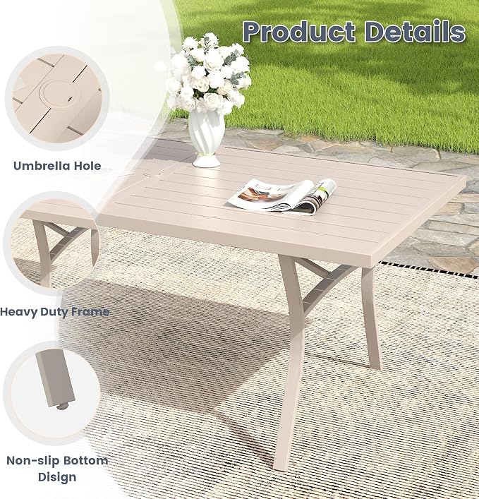 VICLLAX 7 Pieces Outdoor Dining Set, Patio Furniture Set Includes 63" Rectangular Metal Table W/ 1.9" Umbrella Hole and 6 Padded Textilene Swivel Chairs for Porch, Lawn, Garden, Backyard
