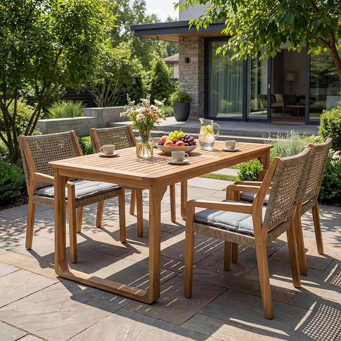 Christopher Knight Home Samma Acacia Wood Outdoor Dining Set for 4, Patio Dining Table Set for 4, Outdoor Dining Table and Sled Base, Dining Chairs with Cushion + Wicker Backrest, Teak+Brown+Grey