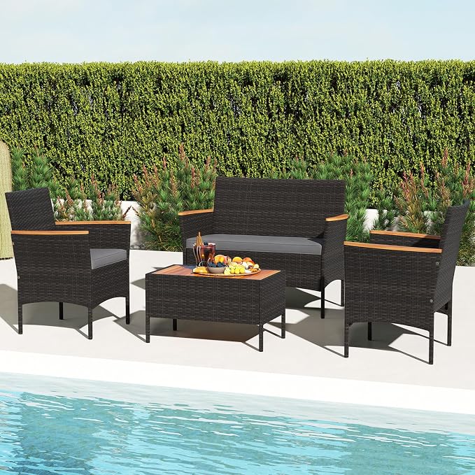 Tangkula 4 Pieces Patio Wicker Sofa Set, 2 Rattan Chairs & Loveseat w/Coffee Table, Acacia Wood Armrests & Tabletop, Outdoor Cushioned Conversation Set for Backyard, Poolside (Gray, 4 Pieces)