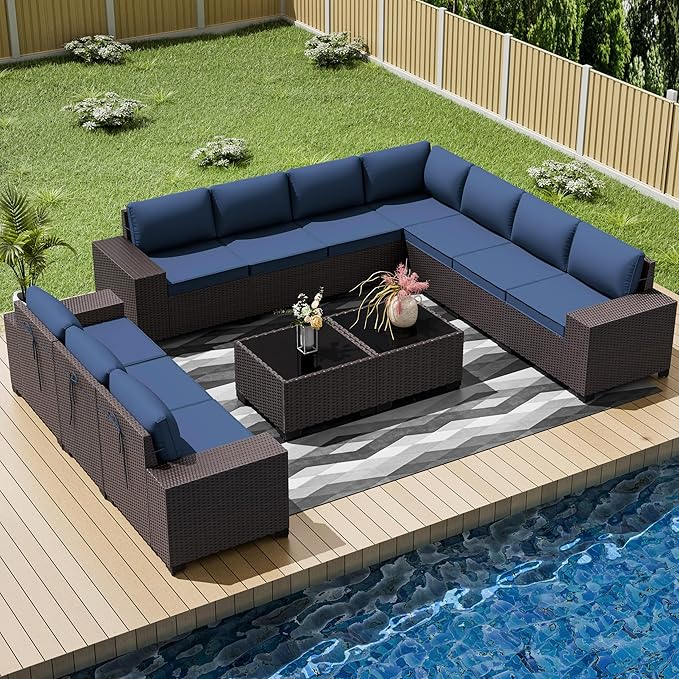 12 PCS Outdoor Patio Furniture Set,Outdoor Sectional Furniture All Weather PE Rattan Wicker Patio Conversation Set with 2 Coffee Tables and 10 Thickened Cushions,Navy Blue