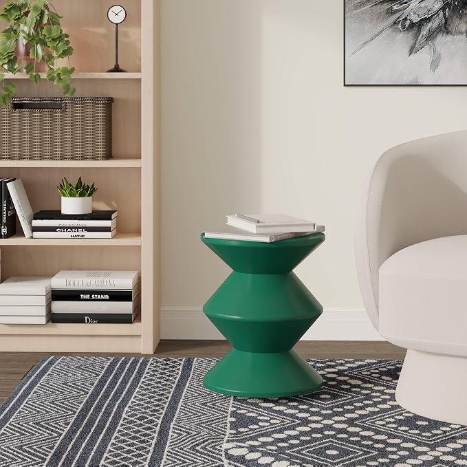 LeisureMod Aura Collection Modern Round Side Table - Green ABS Plastic Double-Hourglass Pedestal - No Assembly Weatherproof Accent Furniture for Living Room, Patio & Outdoor Decor