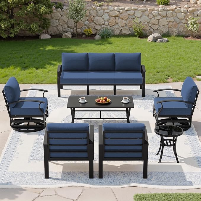 Kullavik Aluminum Patio Furniture Set,7 Piece Modern Metal Outdoor Patio Furniture w/5.1'' Thick Cushion,Swivel Chairs and Rectangular Coffee Table,Patio Conversation Sets for Porch,Deck,NavyBlue