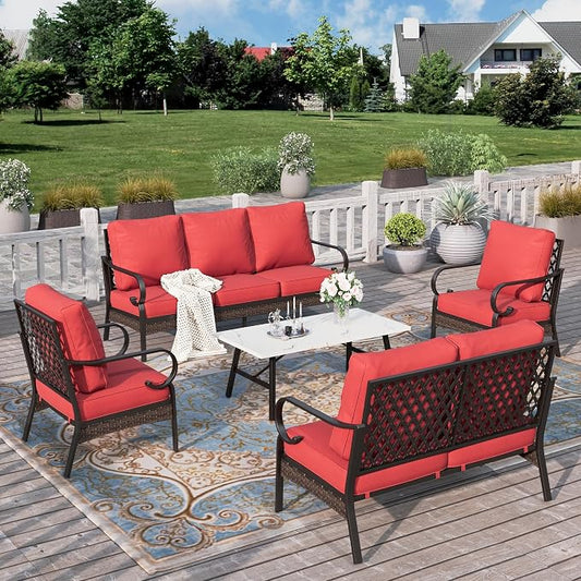 HERA'S HOUSE 5 Piece Metal Patio Furniture Set, 7 Seats All Weather Outdoor Conversation Set, 3 Seat Sofa with Loveseat, 2 Fixed Chairs, Coffee Table for Backyard, Garden, Deck, Red