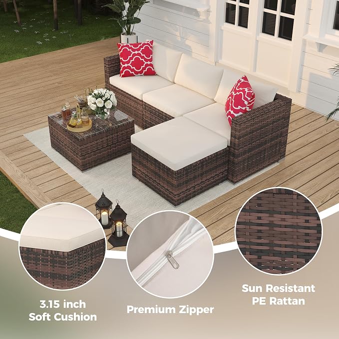 5 Piece Outdoor Patio Furniture Set, Rattan Deck Conversation Sofa Set with Non-Slip Cushions, All-Weather Sectional Sofa with Glass Storage Table and Balcony Footstool, Poolside, Garden, Porch, Brown