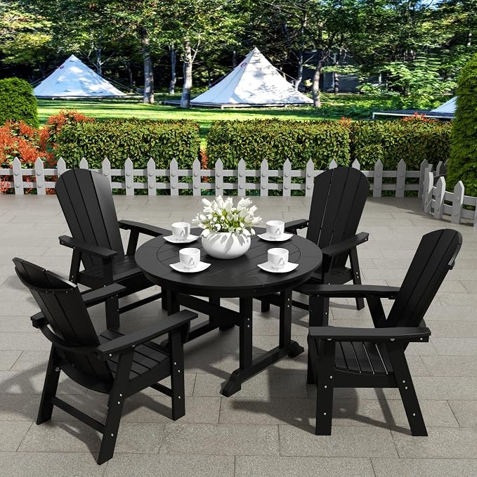 WestinTrends Malibu Patio Dining Table, All Weather Poly Lumber Adirondack 47" Trestle Round Outdoor Table with Umbrella Hole, Black