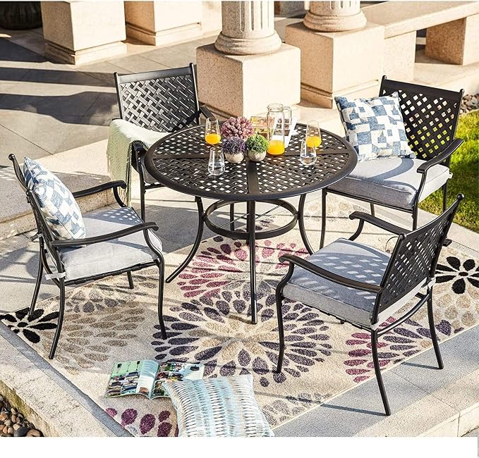 Garden Elements 5-Piece Outdoor Patio Dining Set – 42" Round Table with Umbrella Hole & 4 Armrest Chairs with Cushions – Weather-Resistant Steel, Black/Gray