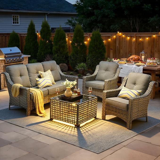 4 PCS Patio Conversation Set, All-Weather High Back Wicker Outdoor Patio Furniture Sets with Two Single Chairs, Solar Light Coffee Table,Outside Furniture for Porch Backyard Balcony,Dark Grey