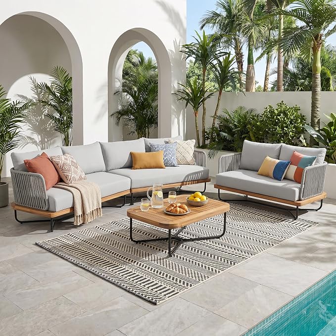 Christopher Knight Home 3-Piece Patio Furniture Set, Acacia Wood Outdoor Sectional Sofa with Rope Woven & Cushions, 4-Seat Sofa, Loveseat and Coffee Table, Outdoor Conversation Set, Light Grey+Teak