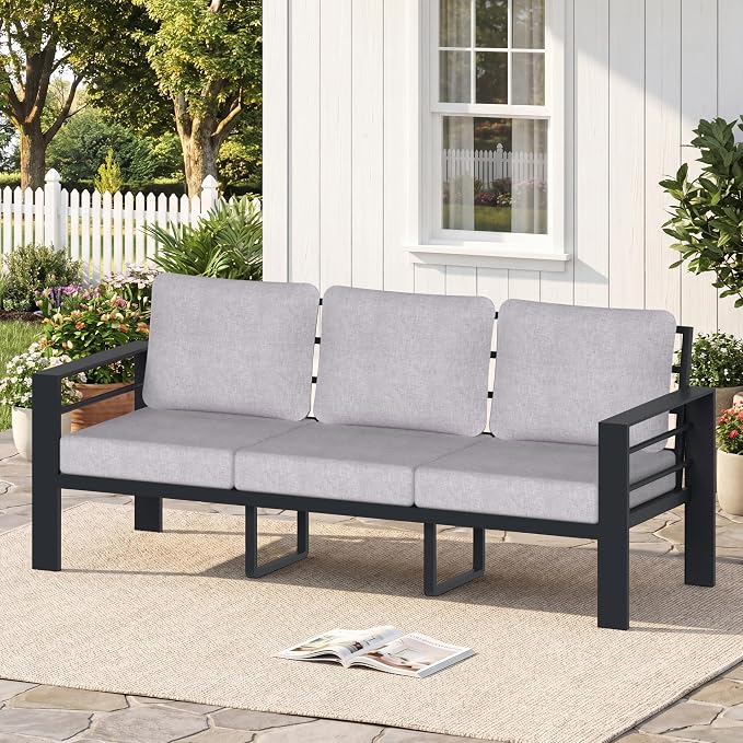 3-Seater Outdoor Patio Sofa, Metal Outdoor Couch with 3.54” Wide Seat and Thick Cushions, Modern Heavy Duty Patio Furniture for Backyard, Garden