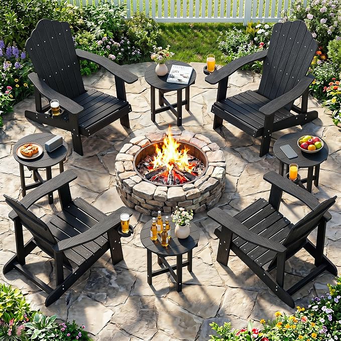 Tangkula Round Outdoor Side Table, Adirondack Side Table with Weather-Resistant, Waterproof Top, Small Outside End Table for Patio Deck Pool Porch, Easy Maintenance (Black,1)
