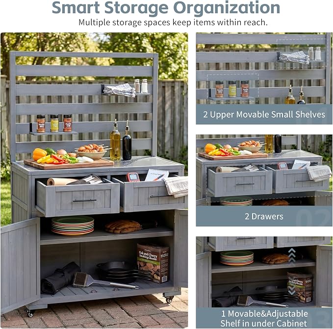 RUNNA 4-Piece Outdoor Rolling Kitchen Island with Sink w/Faucet, Solid Wood Grill Table with Storage Cabinets, Drawers, Stainless Table Top and Movable Shelves for Garden (Gray#38)