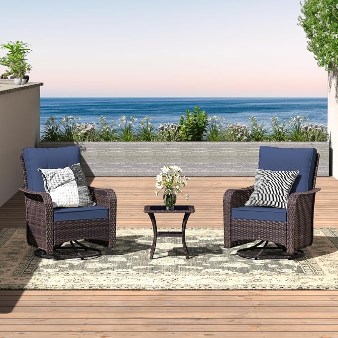 ALAULM 10 Pieces Patio Furniture Set with 2 Swivel Chairs Wicker Patio Conversation Set, Outdoor Sectional Furniture w/Coffee Table & Washable Seat Cushions-Dark Blue