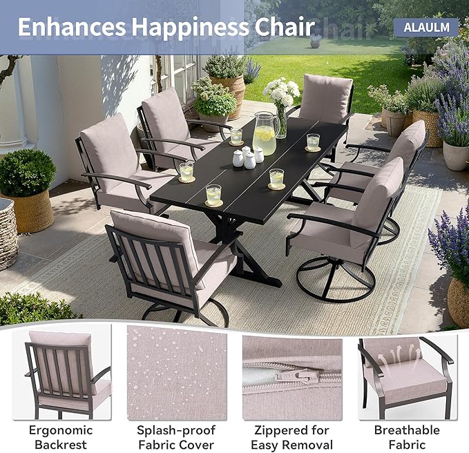 ALAULM 7-Piece Patio Dining Set,Outdoor Metal Dining Set with 6 Swivel Chairs & Rectangle Table with 1.5 Umbrella Hole, Patio Dining Table and Chairs for Backyard, Sand