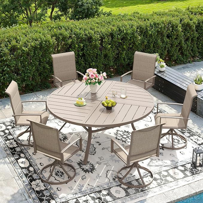 DIFY 7 Pieces Outdoor Patio Dining Set, 6 Sandshell Padded Textilene Swivel Dining Chairs and 53.1" Sandshell Round Metal Dining Table, Outdoor Table and Chairs for Poolside Backyard Deck