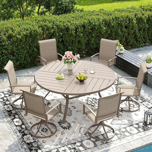 DIFY 7 Pieces Outdoor Patio Dining Set, 6 Sandshell Padded Textilene Swivel Dining Chairs and 53.1" Sandshell Round Metal Dining Table, Outdoor Table and Chairs for Poolside Backyard Deck