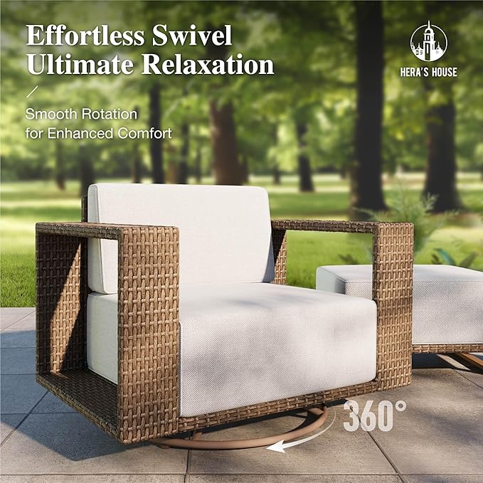 HERA'S HOUSE Patio Sectional Furniture Set with Swivel Chairs, L Shape Modular Outdoor Conversation Set with 10" Thick Cushion, 5 Seats Yellow Rattan Wicker Sofa for Deck Yard Lawn