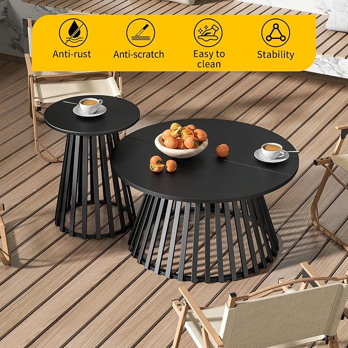 Round Small Outdoor Coffee Table, 15.6 Inch Metal Steel Patio Side Table, Patio Furniture Accent Bistro End Table, for Garden, Pool, Yard, Balcony, Living Room, Deck, Weather Resistant, Black