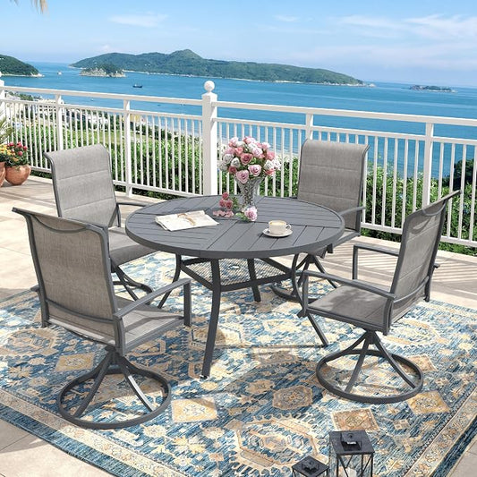 Outdoor Dining Set for 4, 40.7" Outdoor Dining Table with Umbrella Hole and Padded Textilene Patio Swivel Chairs, 5 Pieces Patio Table and Chairs Set for Garden Backyard, Grey and Dark Grey